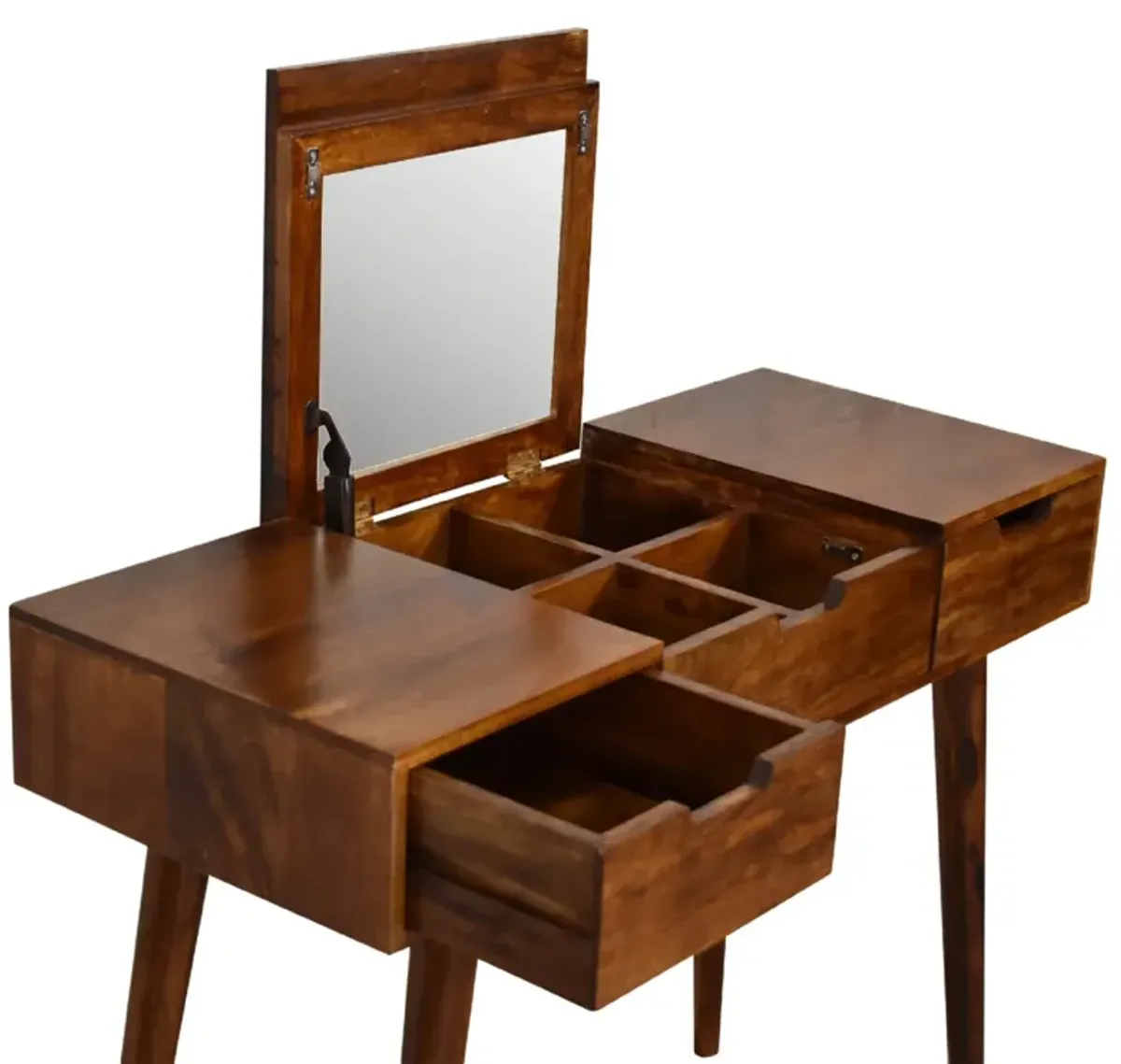 Solid Wood 2 Drawer Chestnut Dressing Table with Foldable Mirror