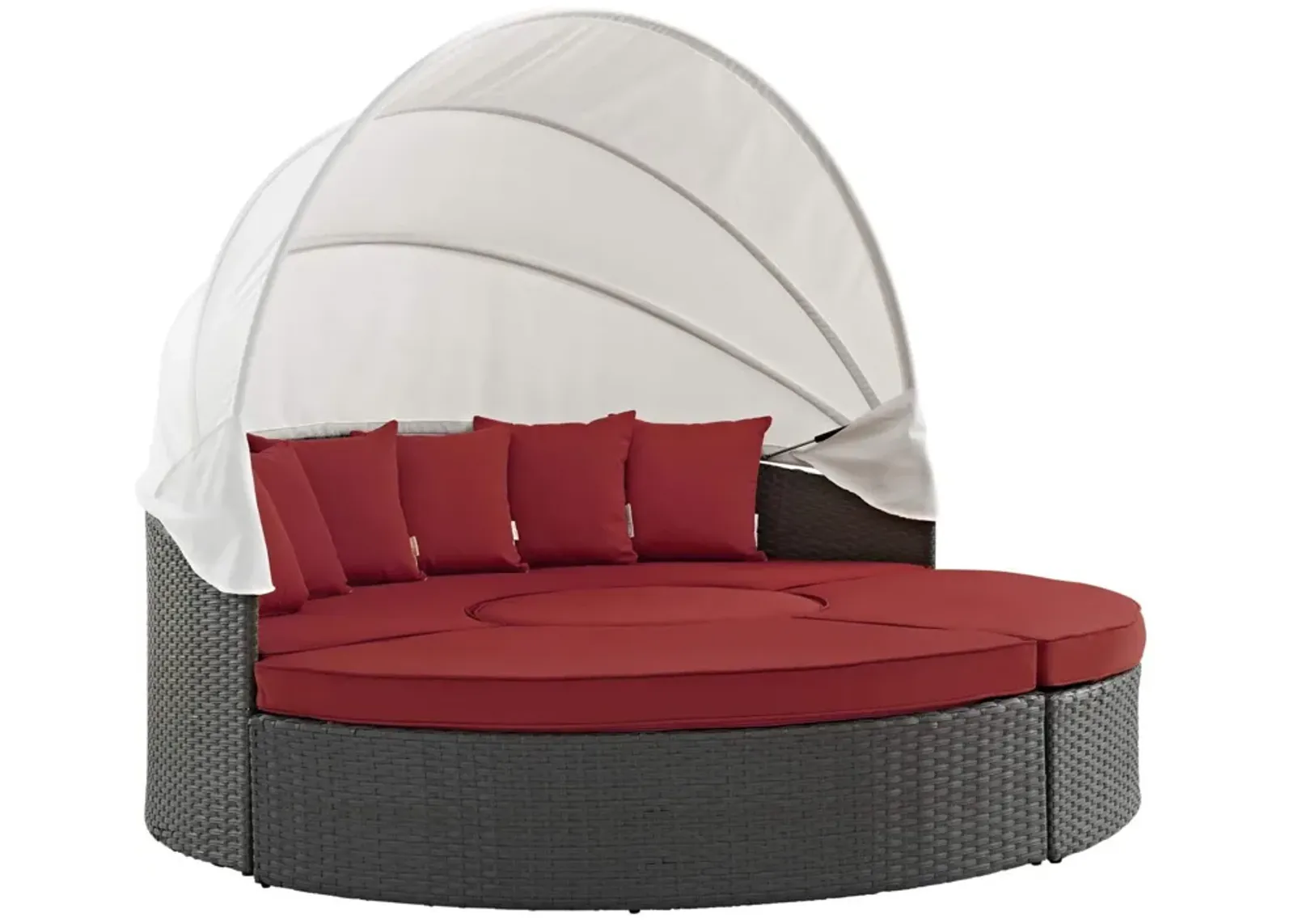 Sojourn Outdoor Patio Furniture Collection - Sectional Sofa Daybed with Sunbrella Cushions, Retractable Canopy, and Ottomans