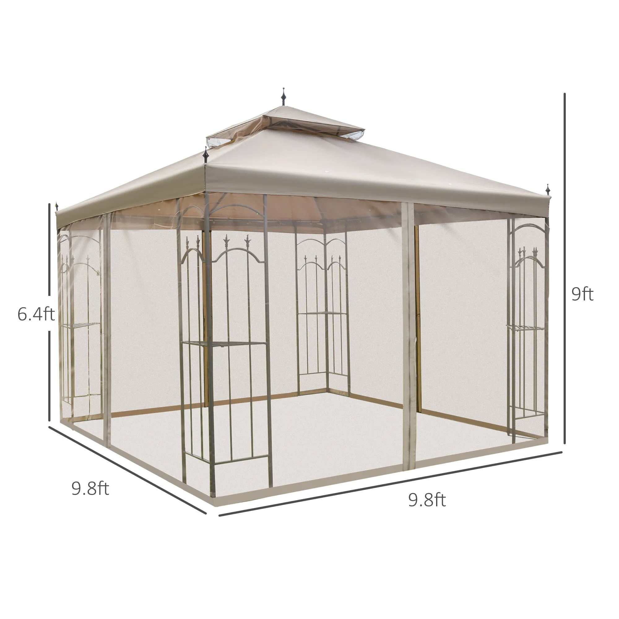 10' x 10' Steel Outdoor Patio Gazebo Canopy with Removable Mesh Curtains, Display Shelves, & Steel Frame, Brown