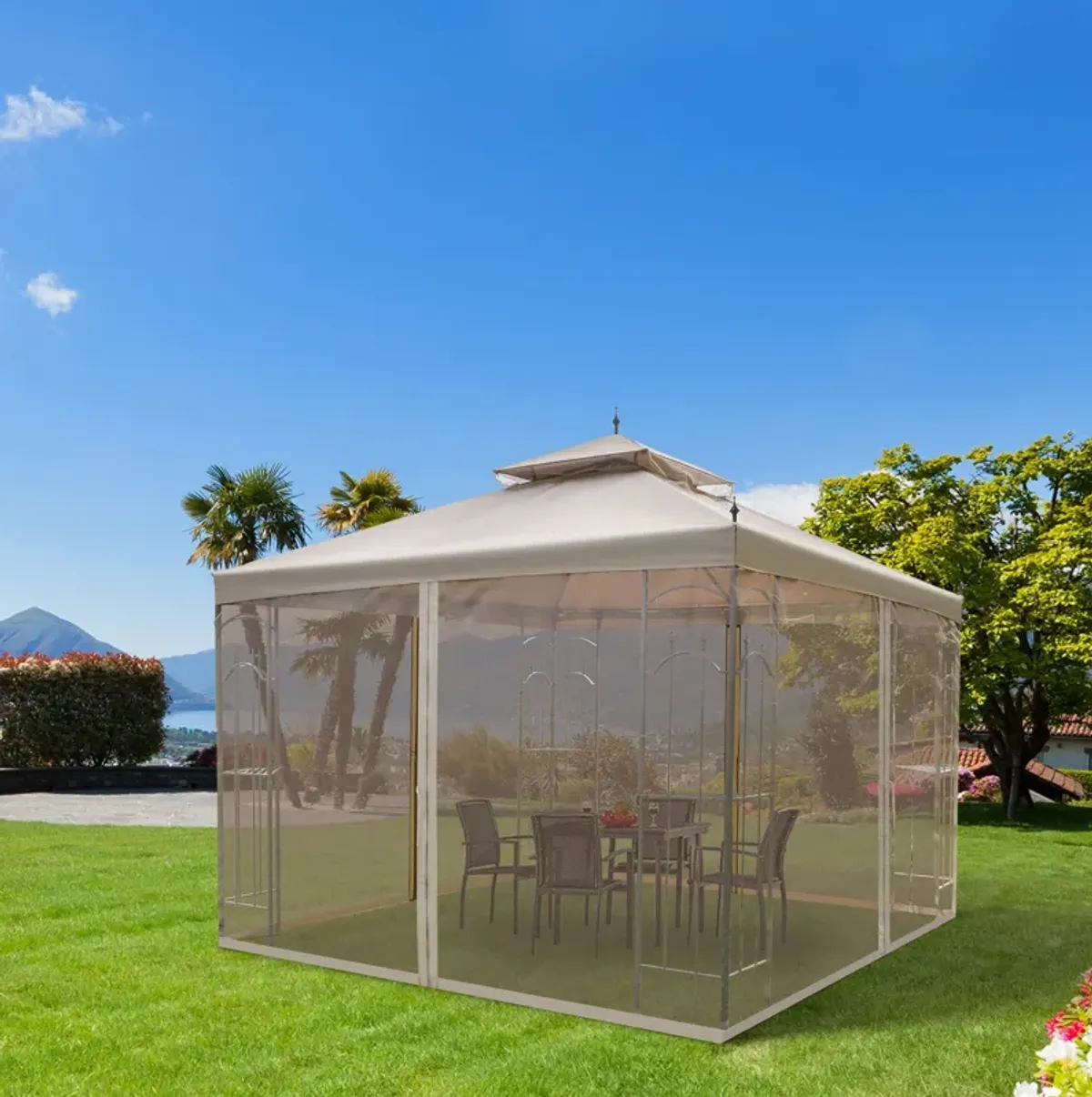 Brown Outdoor Haven: 10x10 Steel Patio Gazebo with Mesh Curtains