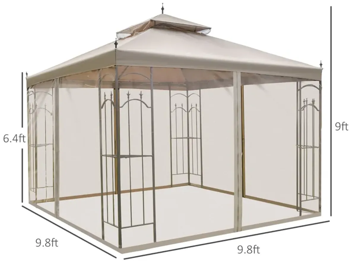 Brown Outdoor Haven: 10x10 Steel Patio Gazebo with Mesh Curtains