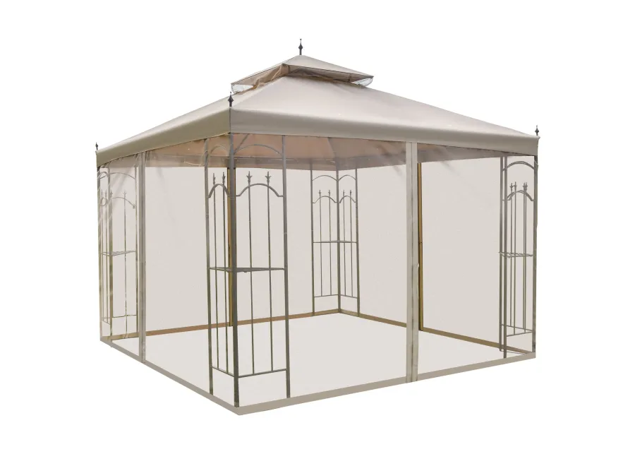 Brown Outdoor Haven: 10x10 Steel Patio Gazebo with Mesh Curtains