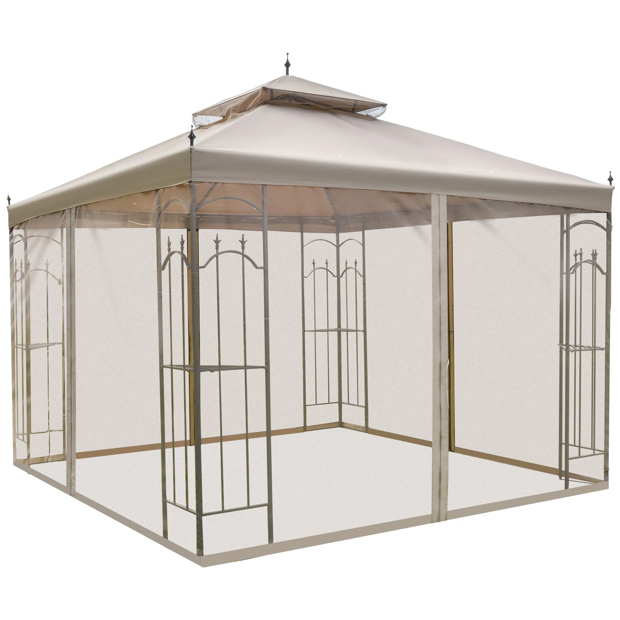 10' x 10' Steel Outdoor Patio Gazebo Canopy with Removable Mesh Curtains, Display Shelves, & Steel Frame, Brown