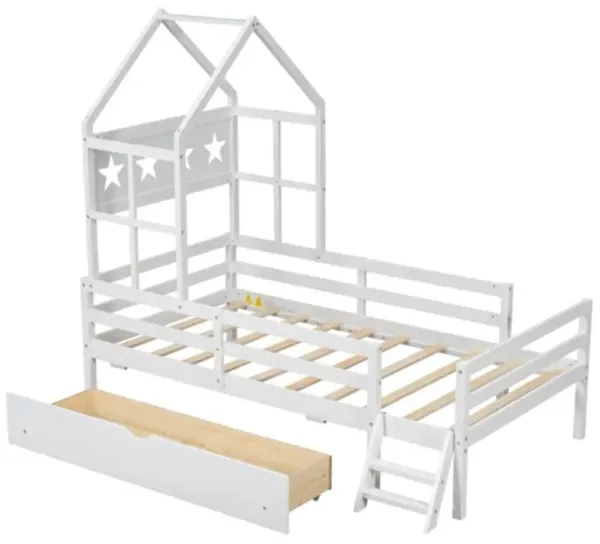 House Platform Bed with Guardrail & Drawer Cozy & Safe Wooden Bed Frame for Kids & Toddlers