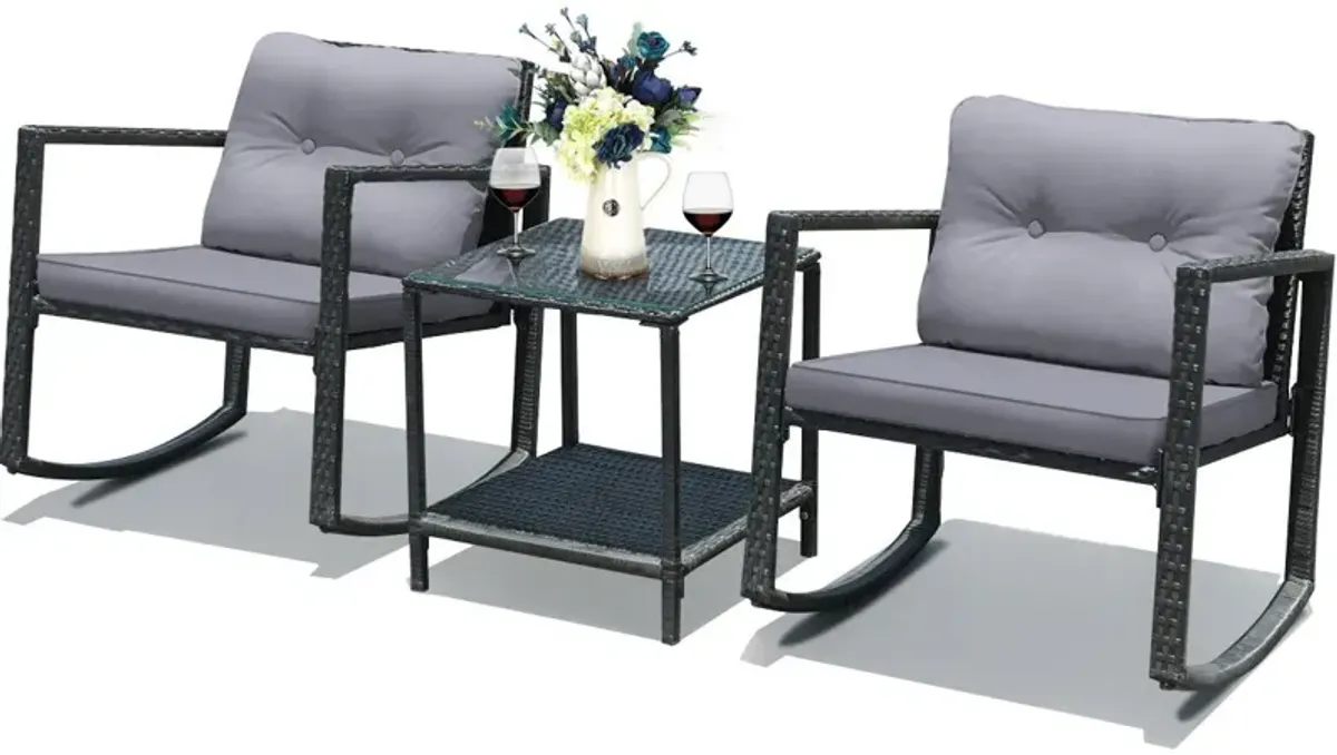 3 Pieces Cushioned Patio Rattan Set with Rocking Chair and Table-Grey