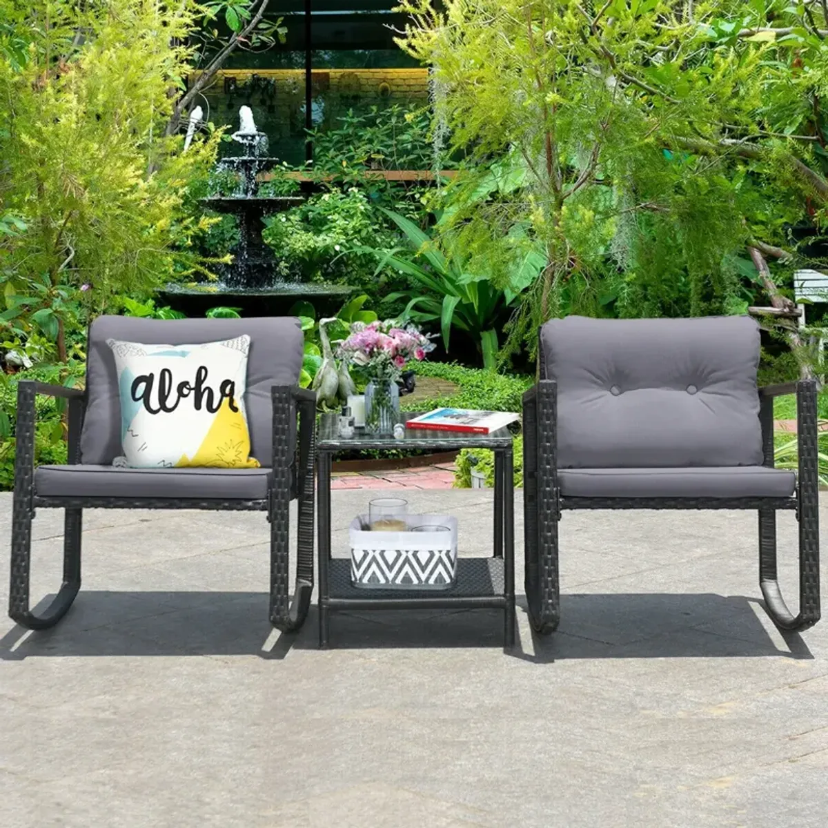 3 Pieces Cushioned Patio Rattan Set with Rocking Chair and Table-Grey