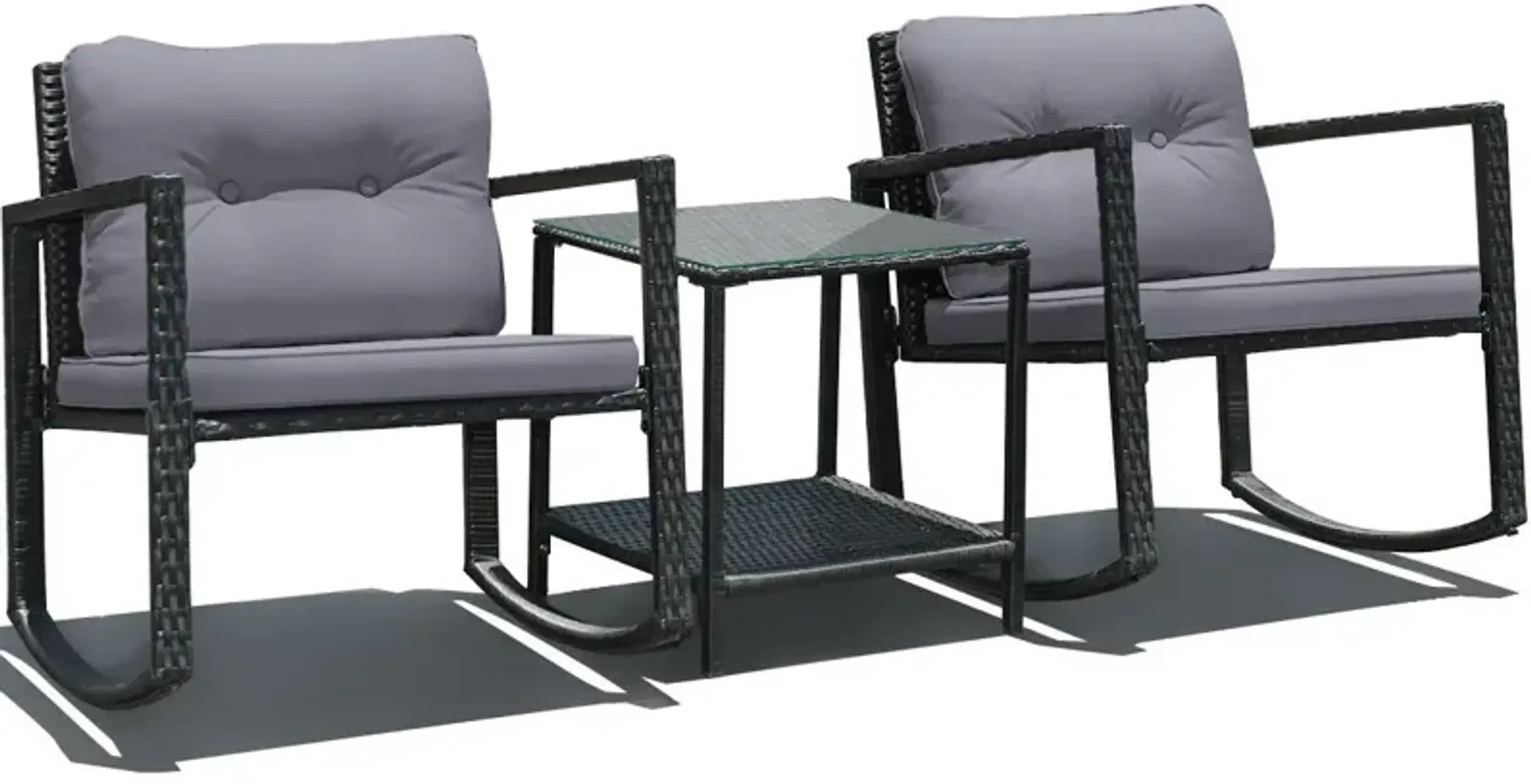 3 Pieces Cushioned Patio Rattan Set with Rocking Chair and Table-Grey