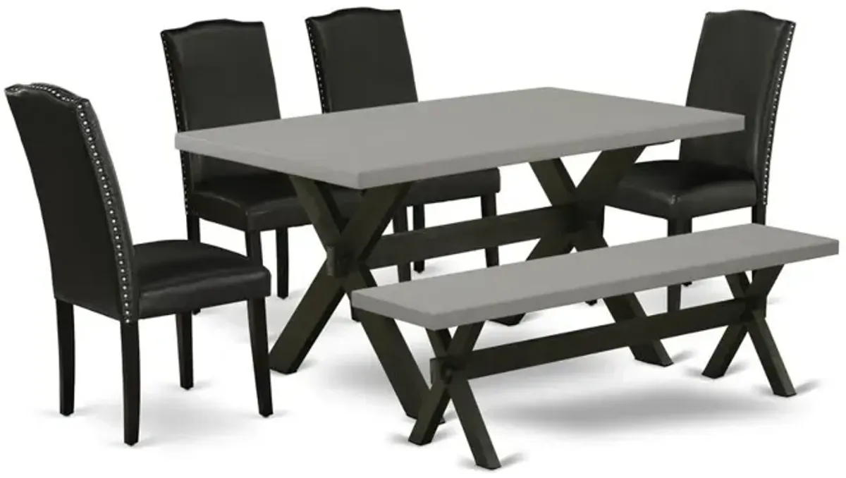 East West Furniture 6 Pc Dining Room Table Set Includes a Cement Wooden Dining Table and a Modern Bench, 4 Black PU Leather Parson Chairs with High Back - Wire Brushed Black Finish