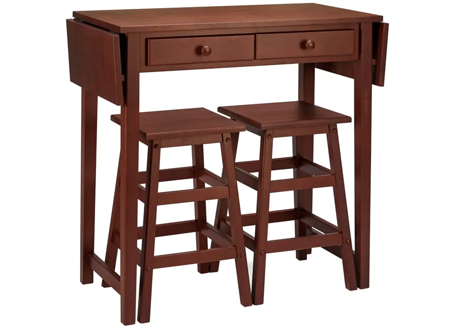 3 Piece Handcrafted Kitchen Island Breakfast Table Set, 2 Drawers, Rubberwood, Stools, Walnut Brown