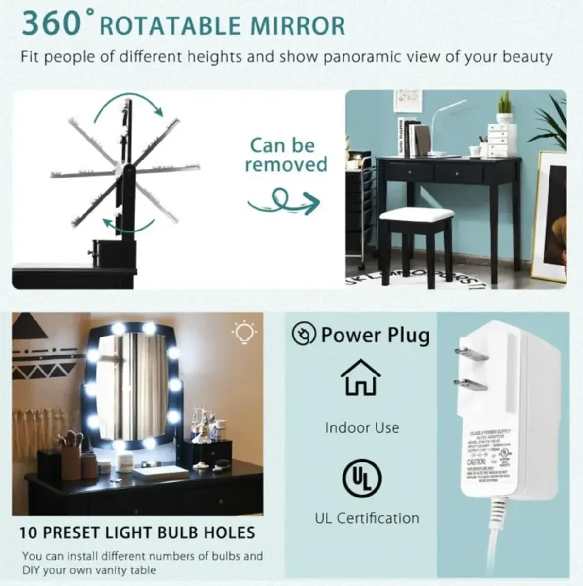 Hivvago Vanity Table Set with Lighted Mirror for Bedroom and Dressing Room-Black