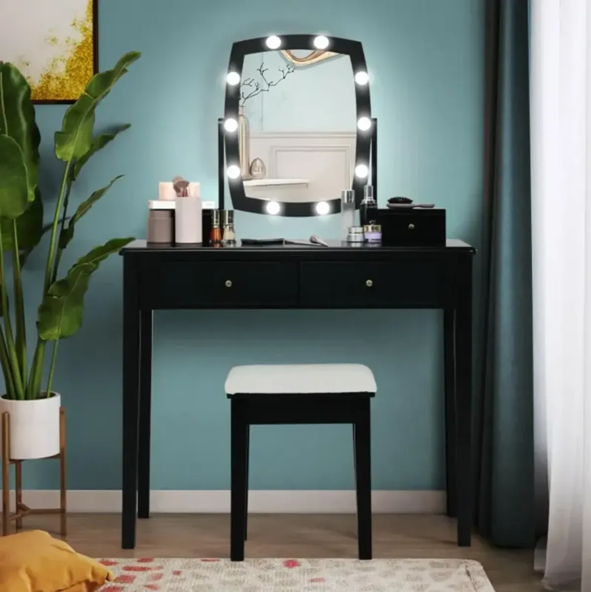 Hivvago Vanity Table Set with Lighted Mirror for Bedroom and Dressing Room-Black