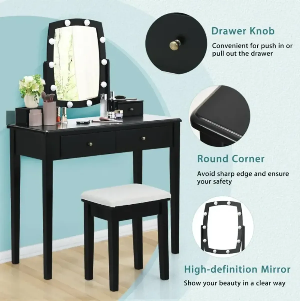 Hivvago Vanity Table Set with Lighted Mirror for Bedroom and Dressing Room-Black