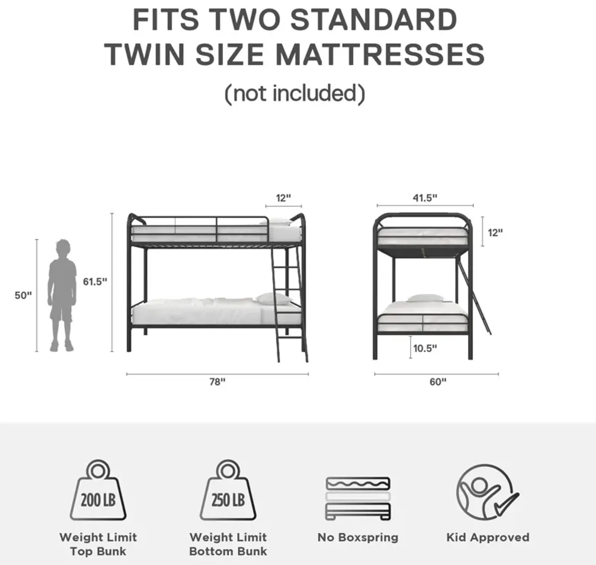 DHP Dusty Twin over Twin Metal Bunk Bed, Black