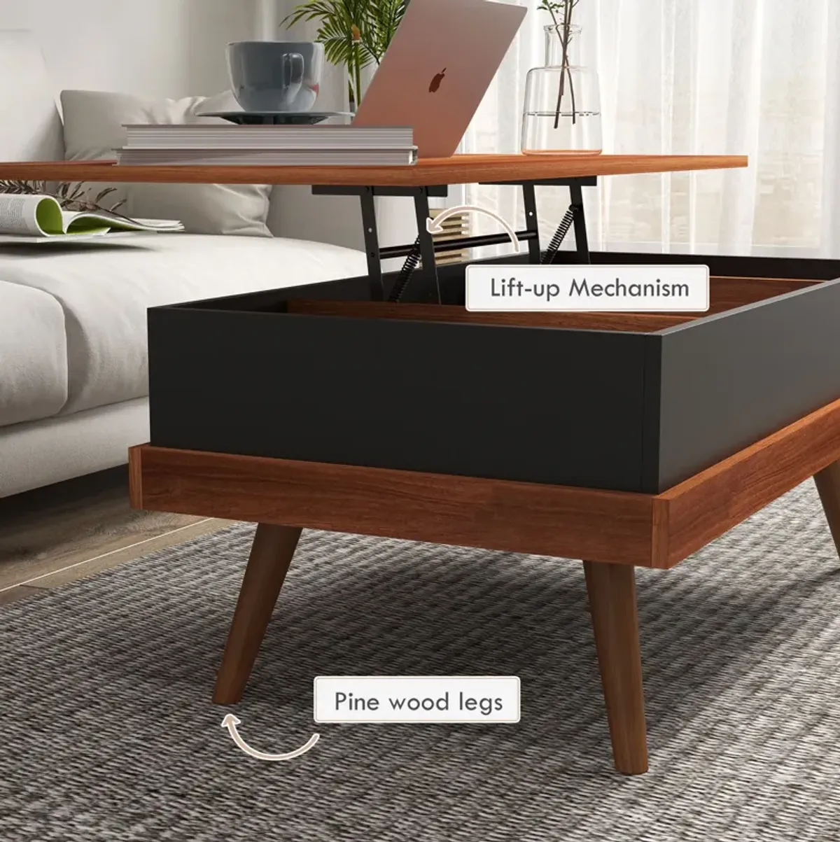 Walnut Lift-Top Coffee Table: Hidden Compartments