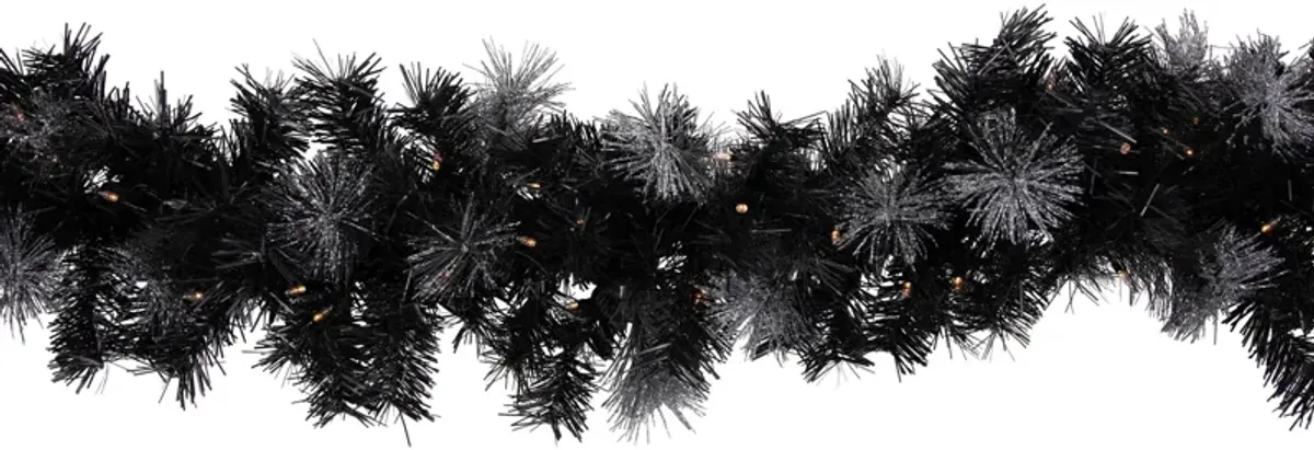 6' Pre-Lit Black Artificial Christmas Garland with Timer - Warm White LED Lights