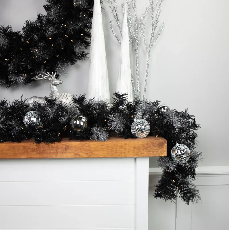 6' Pre-Lit Black Artificial Christmas Garland with Timer - Warm White LED Lights