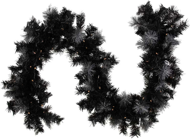 6' Pre-Lit Black Artificial Christmas Garland with Timer - Warm White LED Lights