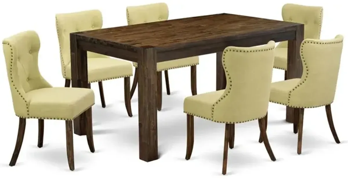 East West Furniture CNSI7-77-37 7-Pc Modern Dining Table Set- 6 Parson Dining Chairs with Limelight Linen Fabric Seat and Button Tufted Chair Back - Rectangular Table Top & Wooden 4 Legs - Distressed
