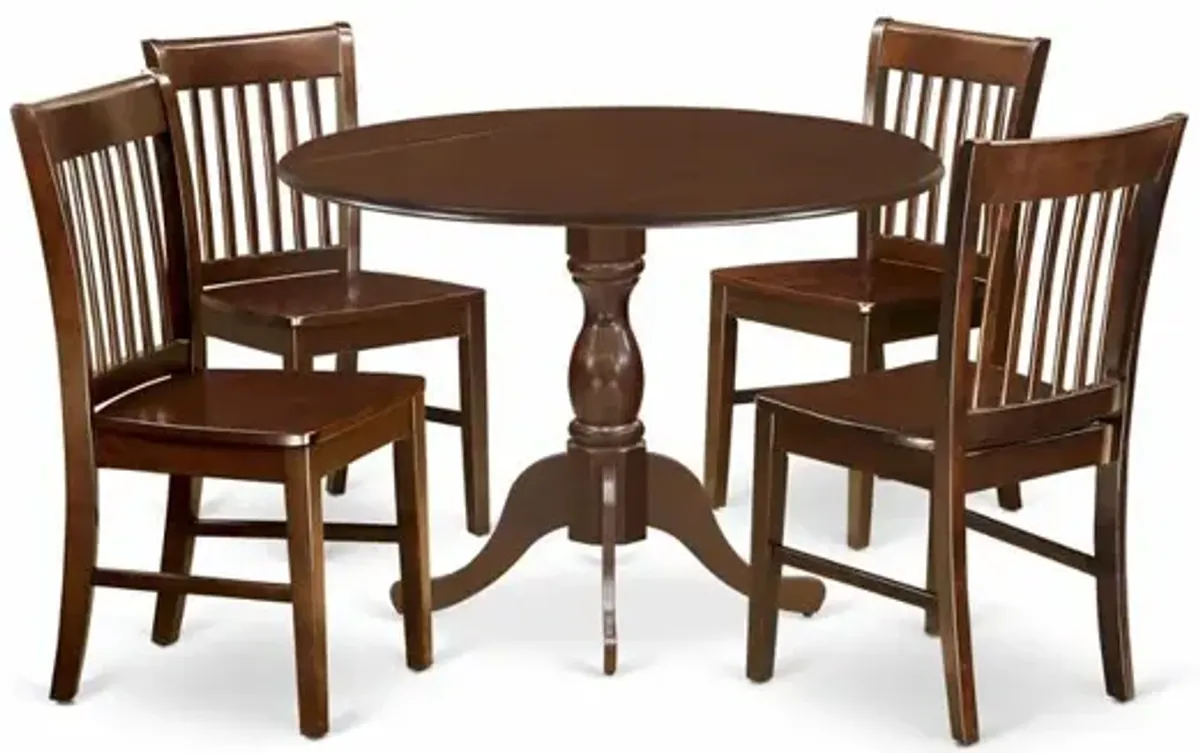 East West Furniture DMNF5-MAH-W 5 Pc Dining Room Table Set - Mahogany Dropleaf Dining Table and 4 Mahogany Dining Chairs with Slatted Back - Mahogany Finish