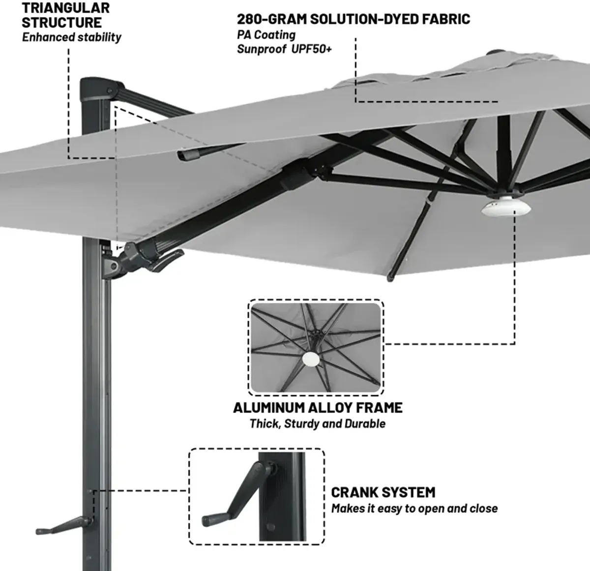 10x10ft 360 Rotable Square Cantilever Patio Umbrella with BaseandBT in Gray