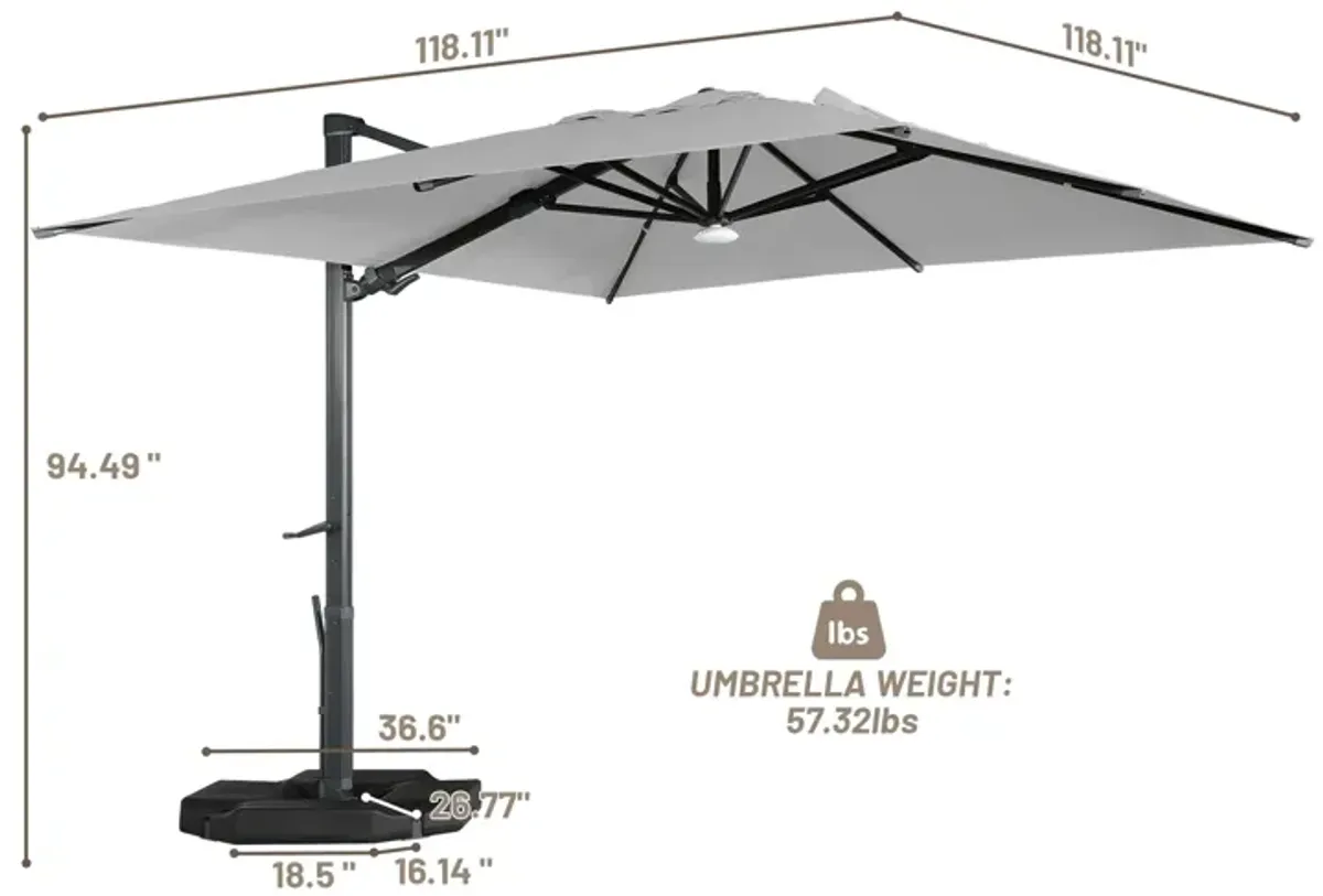 10x10ft 360 Rotable Square Cantilever Patio Umbrella with BaseandBT in Gray