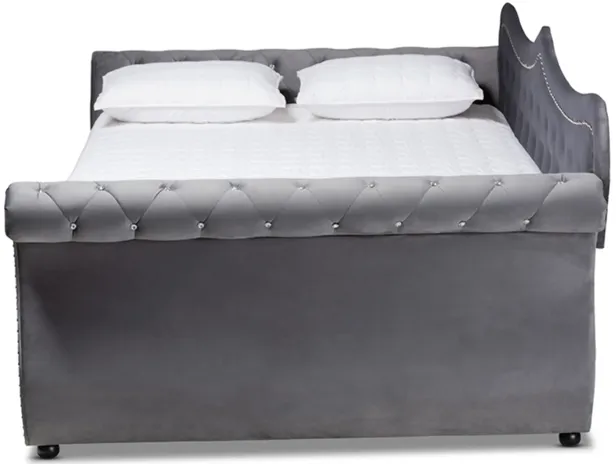 Baxton Studio Abbie Traditional and Transitional Grey Velvet Fabric Upholstered and Crystal Tufted Queen Size Daybed