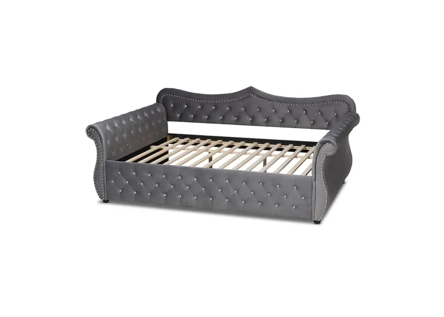 Baxton Studio Abbie Traditional and Transitional Grey Velvet Fabric Upholstered and Crystal Tufted Queen Size Daybed