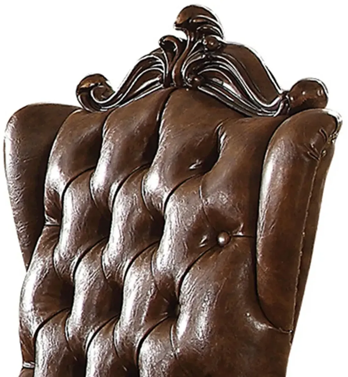 Wooden Arm Chair with Button Tufted Backrest and Carved Details, Set of 2, Brown-Benzara