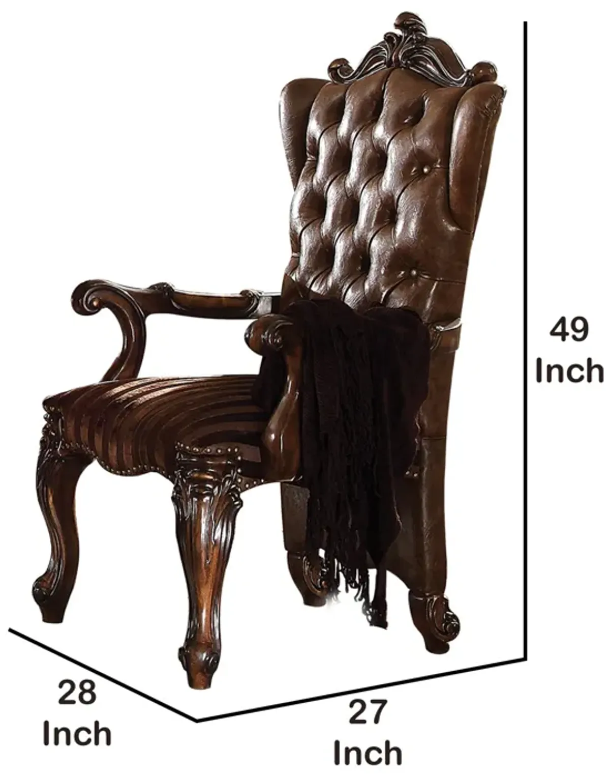 Wooden Arm Chair with Button Tufted Backrest and Carved Details, Set of 2, Brown-Benzara