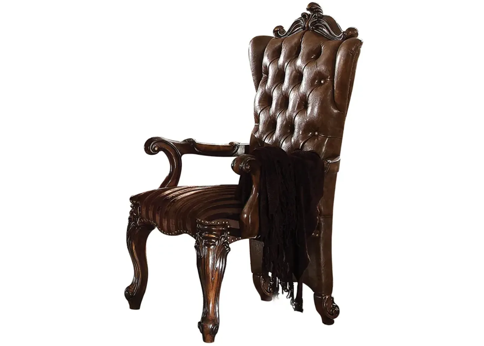 Wooden Arm Chair with Button Tufted Backrest and Carved Details, Set of 2, Brown-Benzara