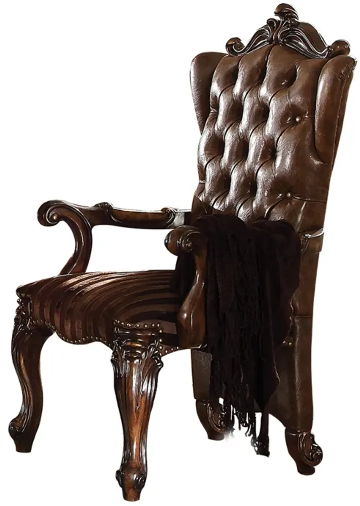 Wooden Arm Chair with Button Tufted Backrest and Carved Details, Set of 2, Brown-Benzara