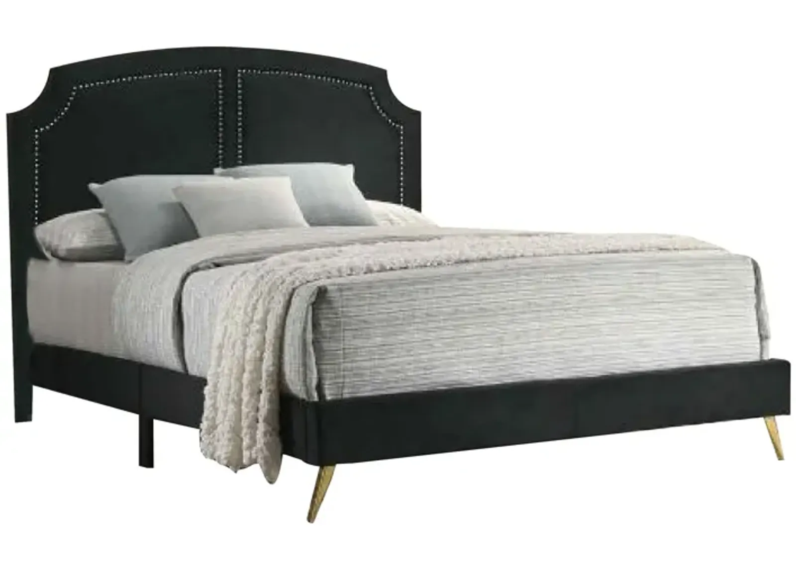 Lily Platform King Upholstered Bed, Padded Headboard, Black, Gold-Benzara