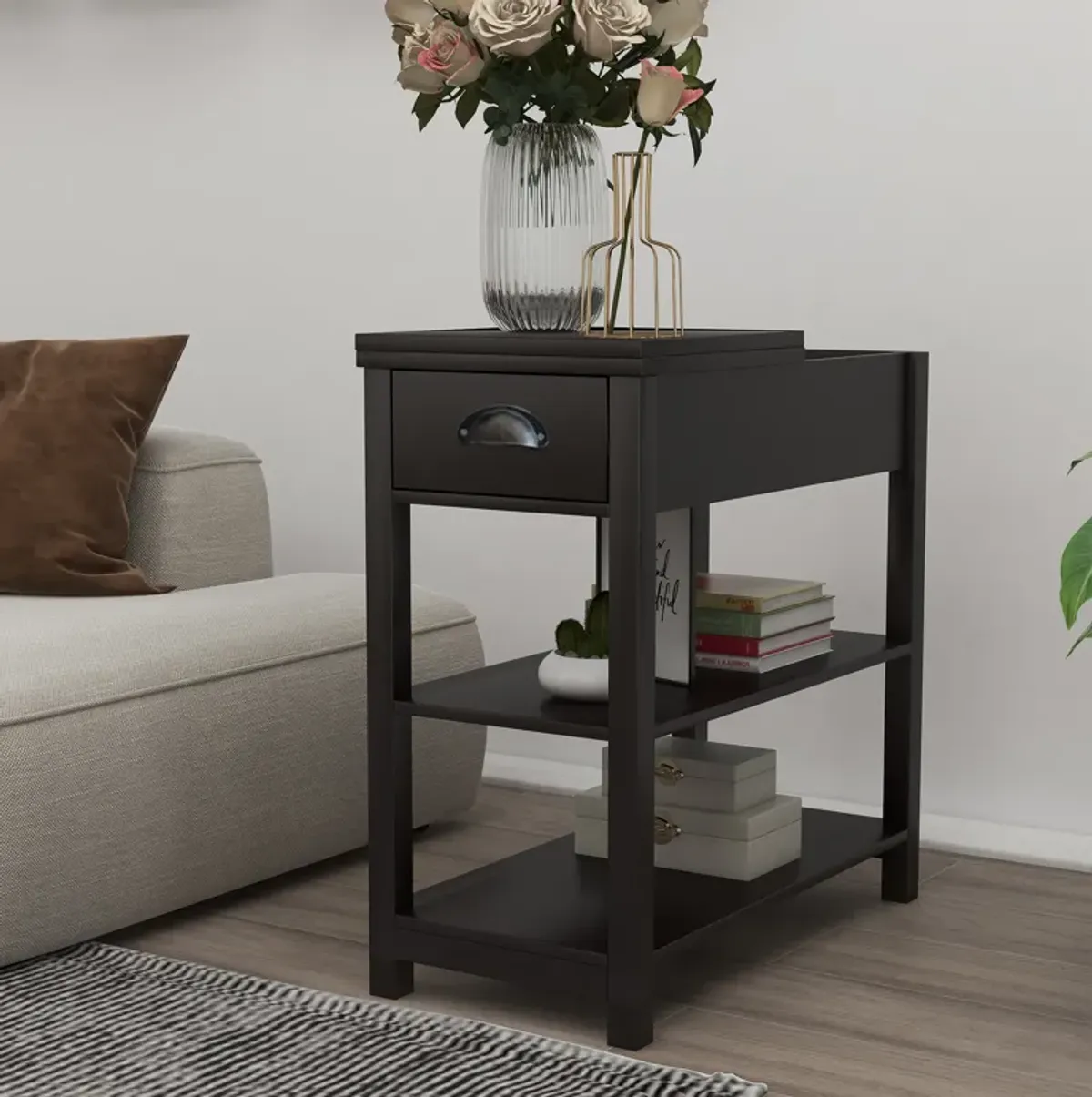 11.81 in. W. 23.62 in. H. Rectangle Wood End Table with Shelves