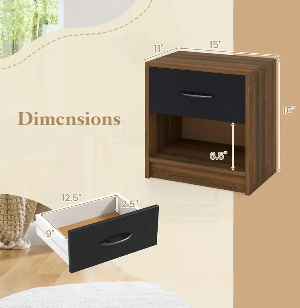 Bedside Table Nightstand with Drawer and Open Storage Shelf