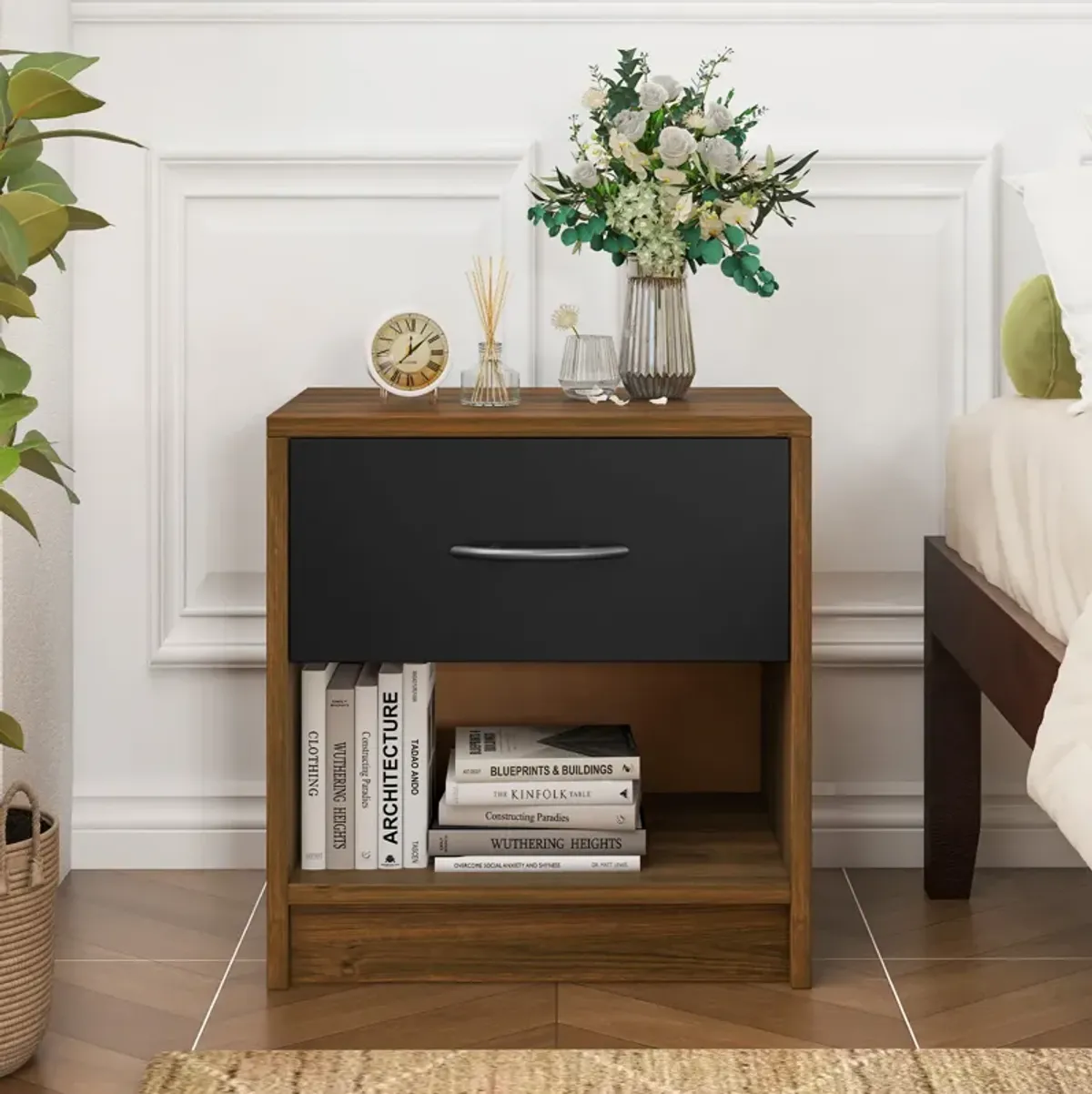 Bedside Table Nightstand with Drawer and Open Storage Shelf