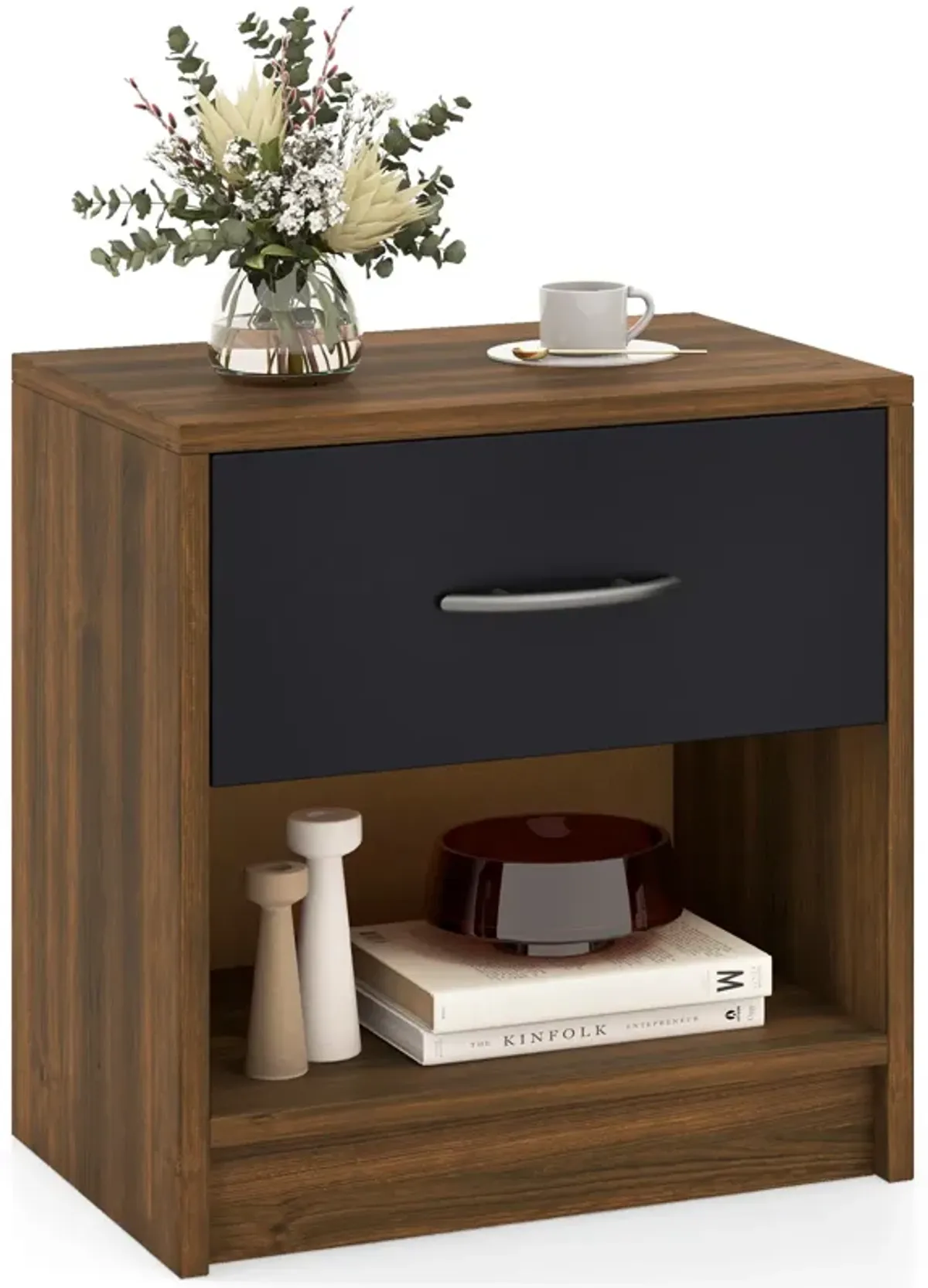 Bedside Table Nightstand with Drawer and Open Storage Shelf