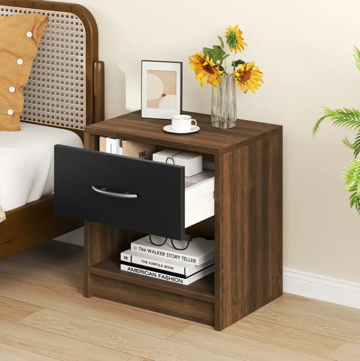 Bedside Table Nightstand with Drawer and Open Storage Shelf