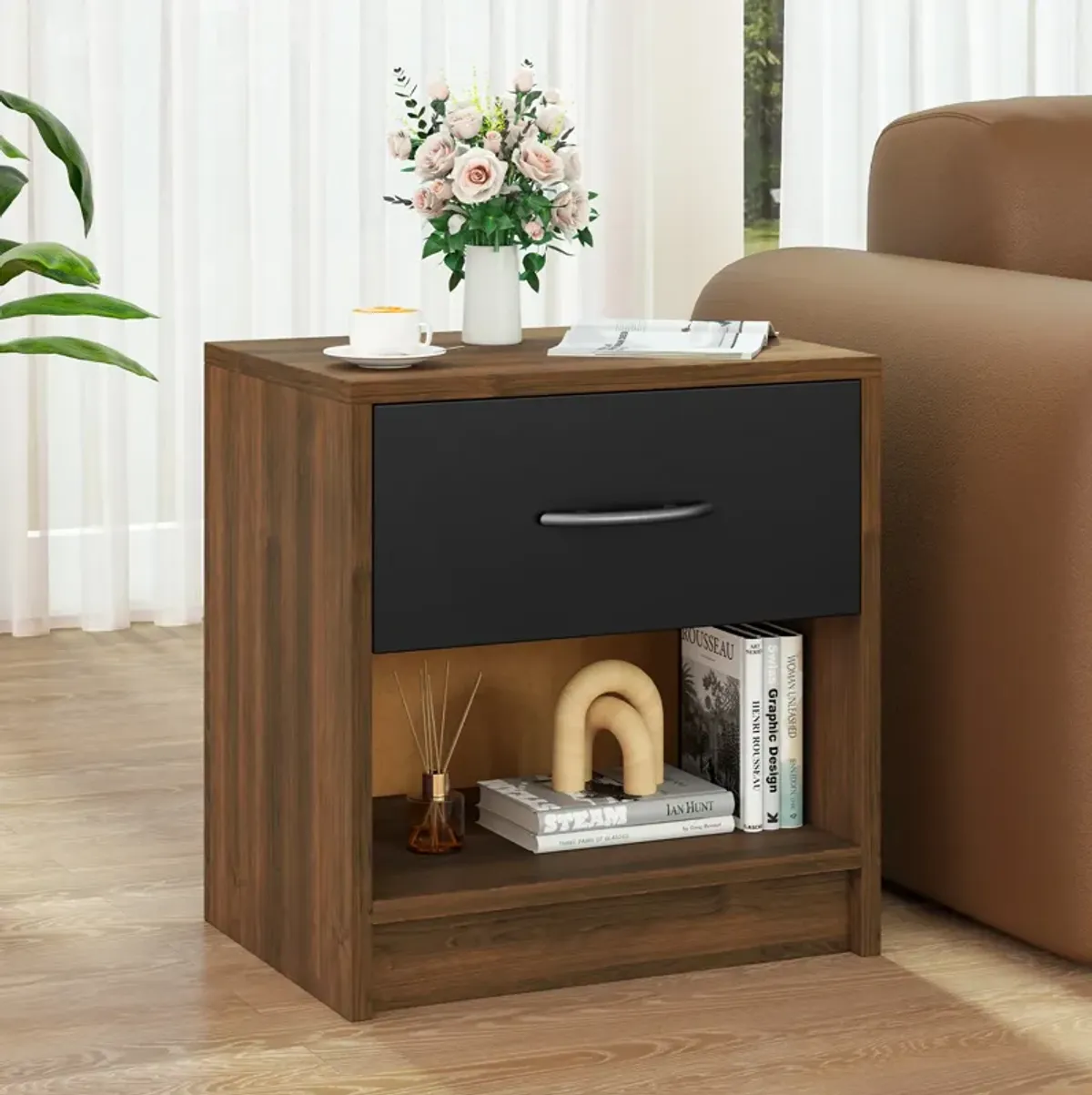 Bedside Table Nightstand with Drawer and Open Storage Shelf