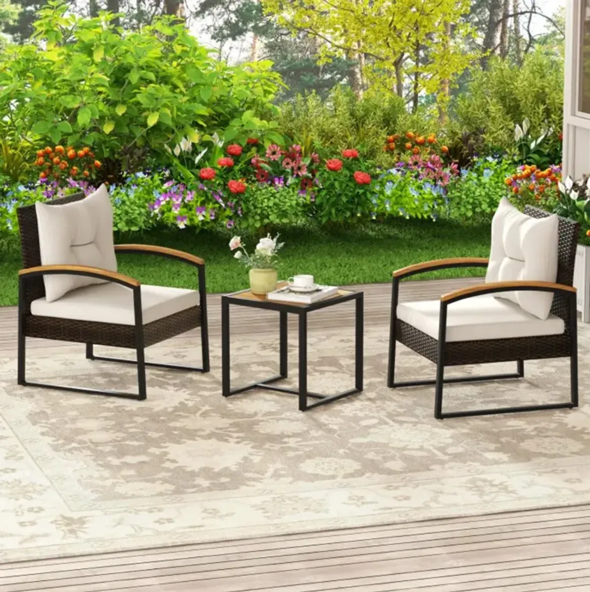 Hivvago 3 Piece Patio Conversation Set with Solid Acacia Wood  Armrests and Tabletop