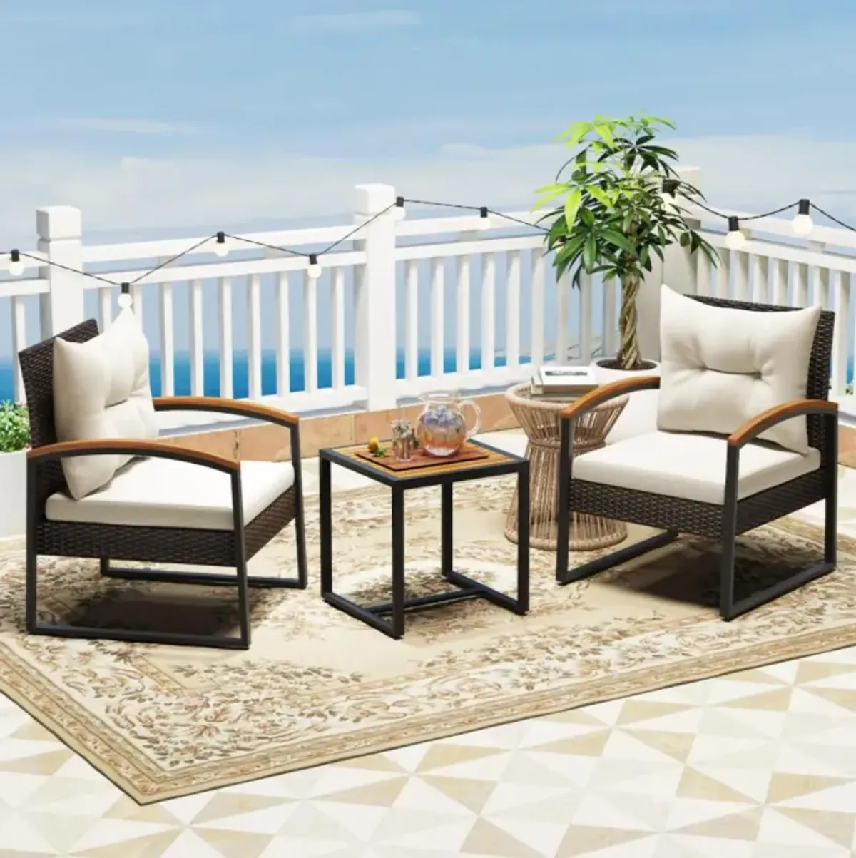 Hivvago 3 Piece Patio Conversation Set with Solid Acacia Wood  Armrests and Tabletop