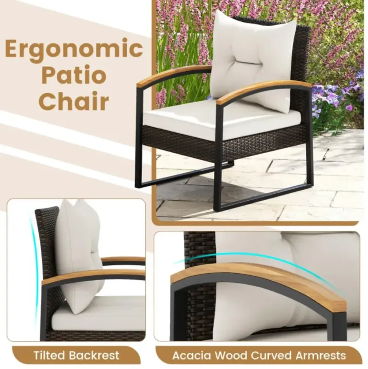 Hivvago 3 Piece Patio Conversation Set with Solid Acacia Wood  Armrests and Tabletop