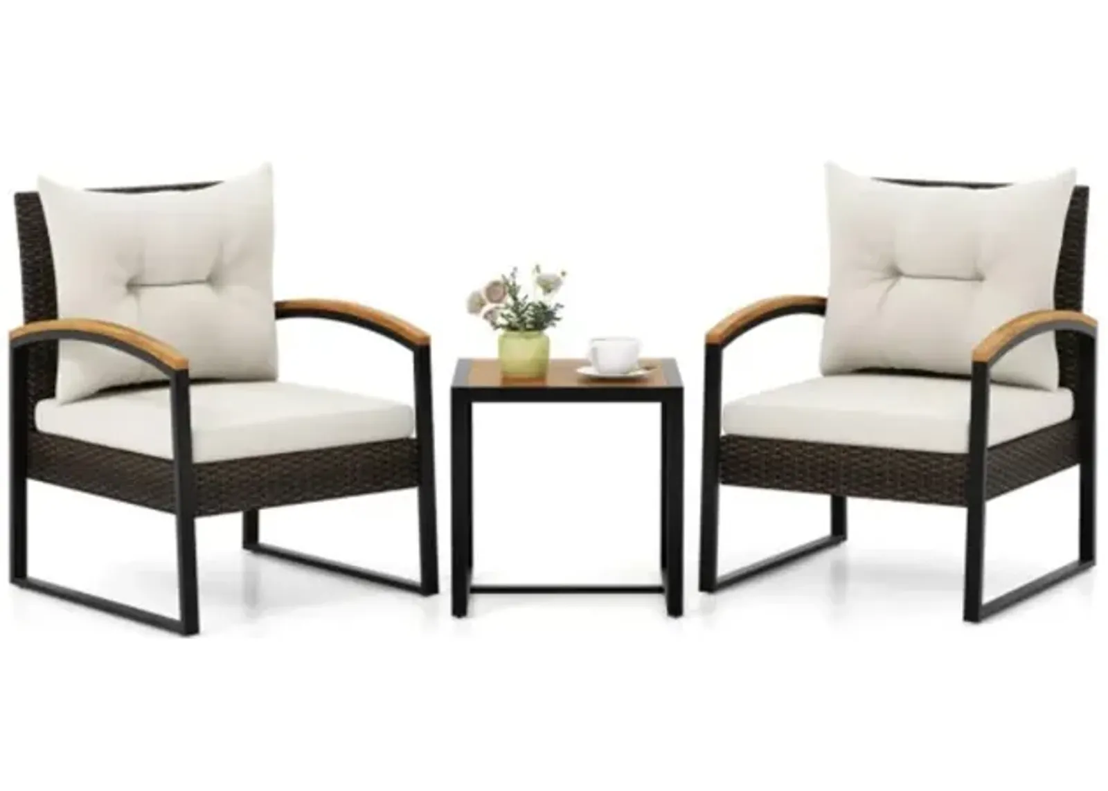 Hivvago 3 Piece Patio Conversation Set with Solid Acacia Wood  Armrests and Tabletop