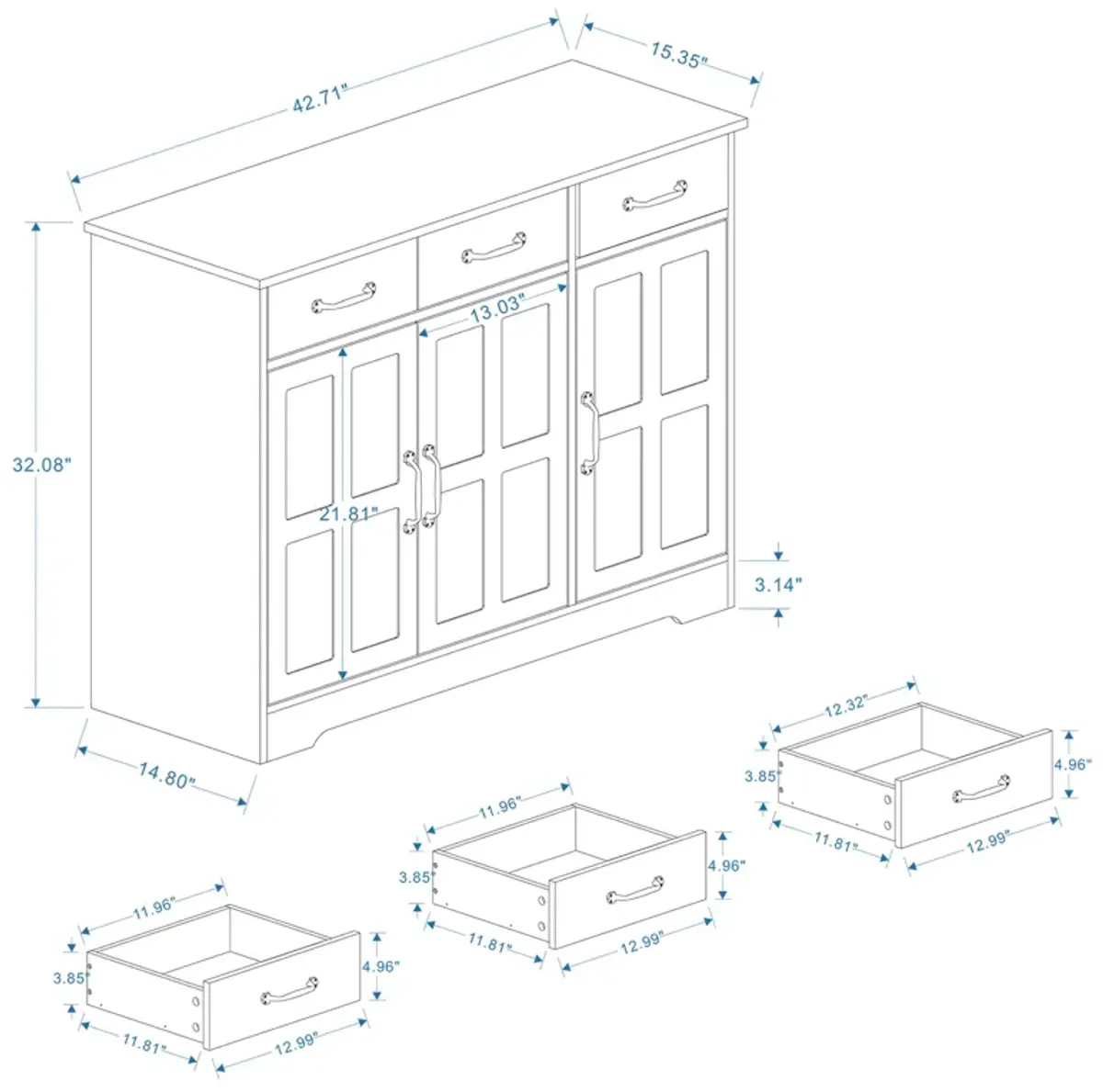 White Wood 42.72 in. Sideboard with Shaker Style Design Doors