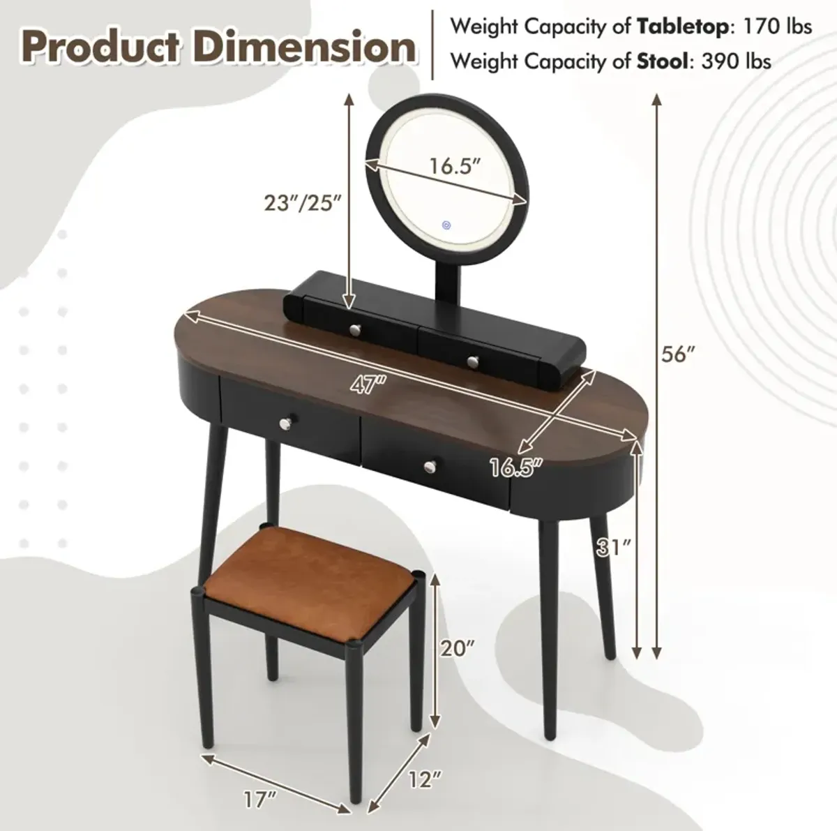 Makeup Vanity Table Set with LED Mirror and 3 Spacious Drawers