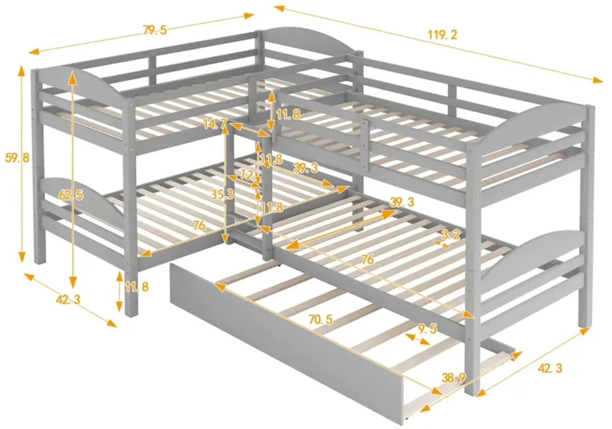 Twin L-Shaped Bunk Bed With Trundle