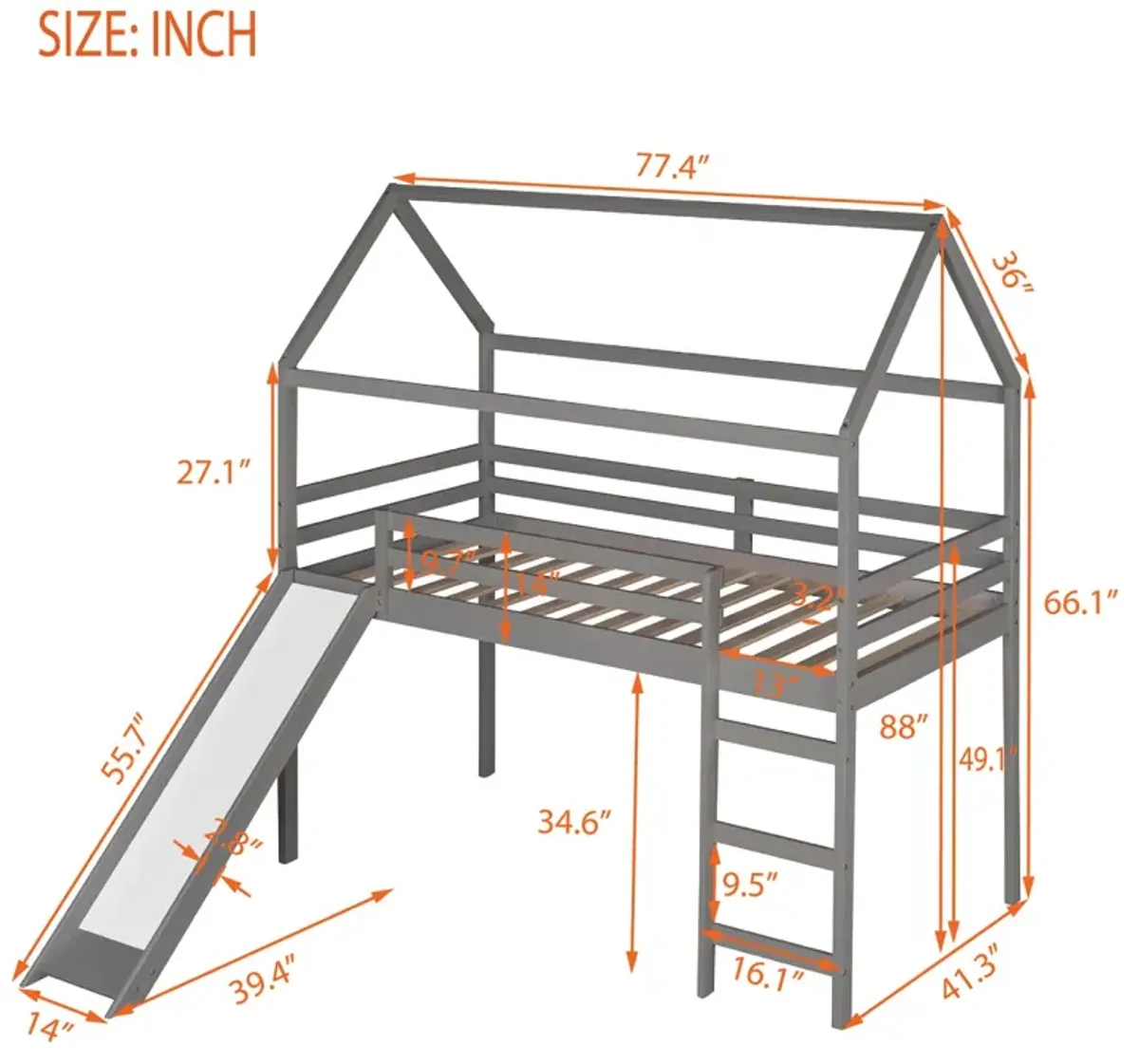 Twin Loft Bed with Slide, House Bed with Slide