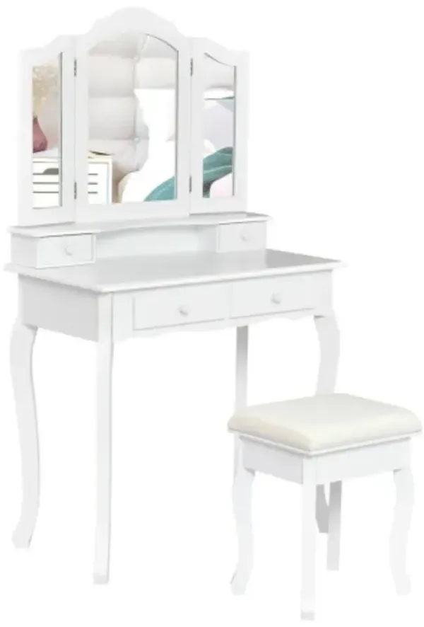 4 Drawers Wood Mirrored Vanity Dressing Table with Stool