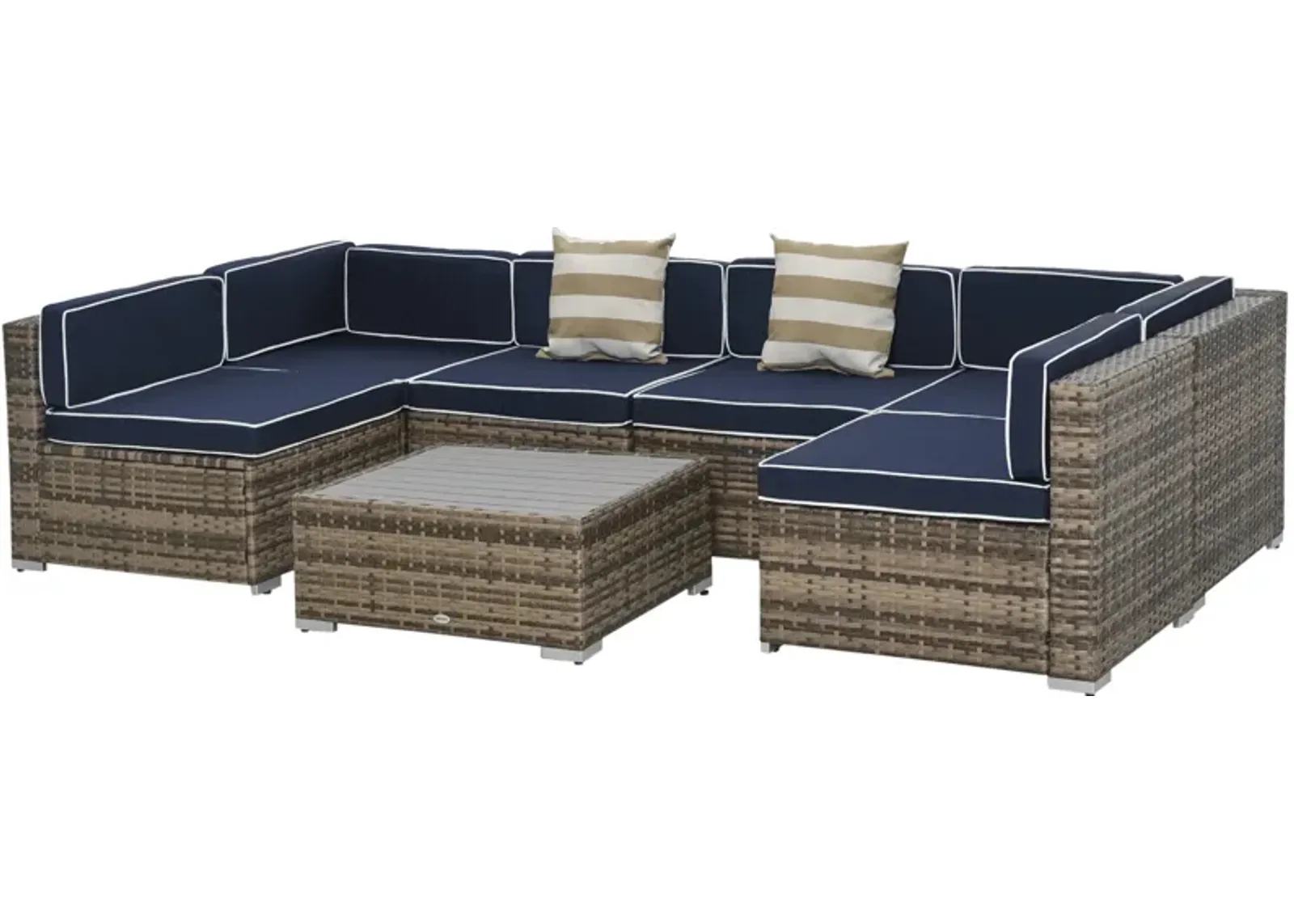 Blue Patio Ensemble: 7-Piece PE Rattan Wicker Sofa Set with Wood Table