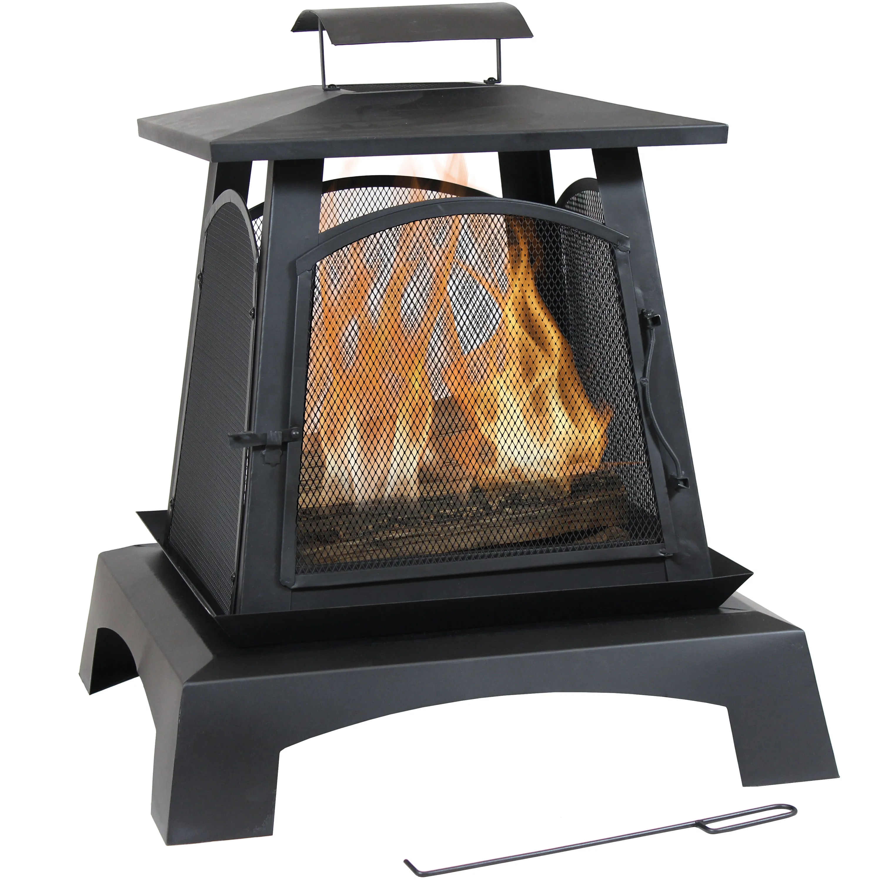 Sunnydaze 32 in Pagoda Style Steel Fire Pit with Log Grate and Poker