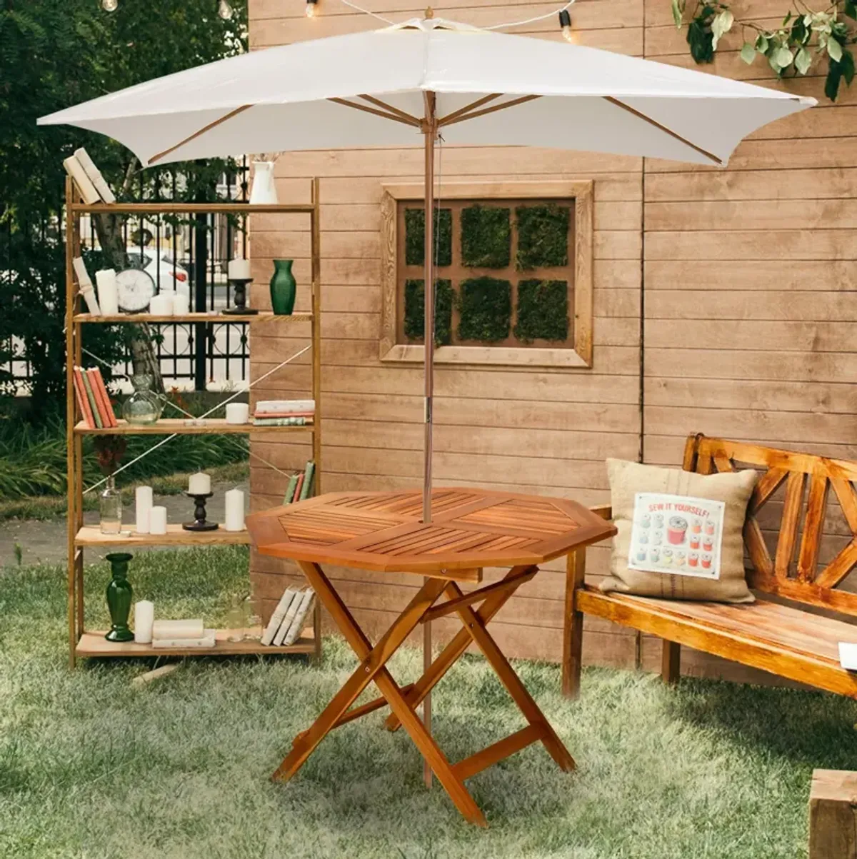 Teak Outdoor Dining: 39" Octagon Acacia Wood Patio Table with Umbrella Hole